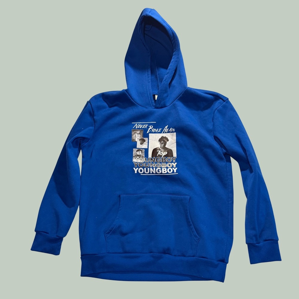 Never Broke Again NBA YoungBoy Graphic Hoodie Royal Blue Mens Large Sweatshirt
